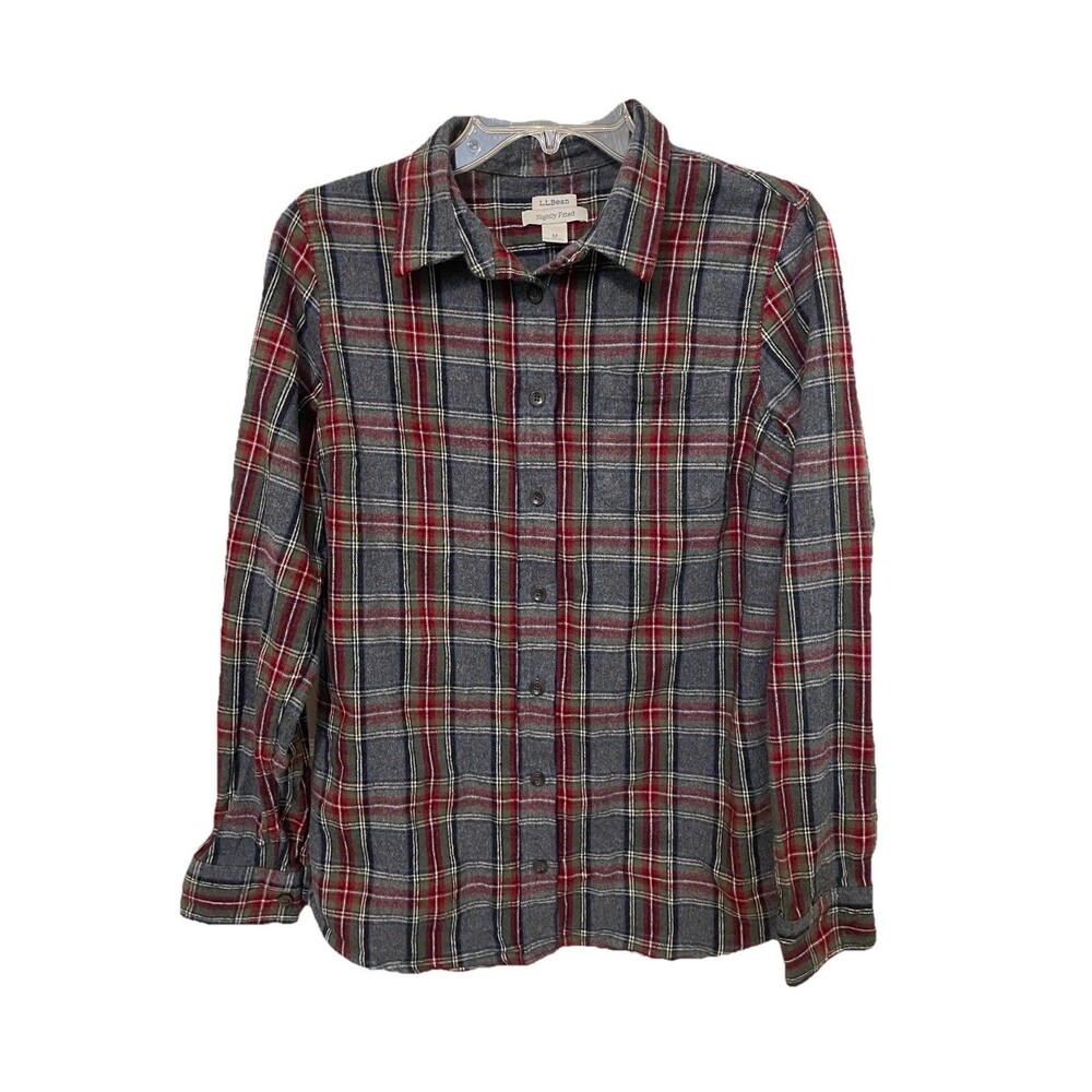 L.L. Bean Gray Stewart Plaid Flannel Slightly Fitted Shirt Womens Size Medium